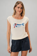 Boat Neck Wide Shoulder USA Fish Graphic Lt Weight Sweater