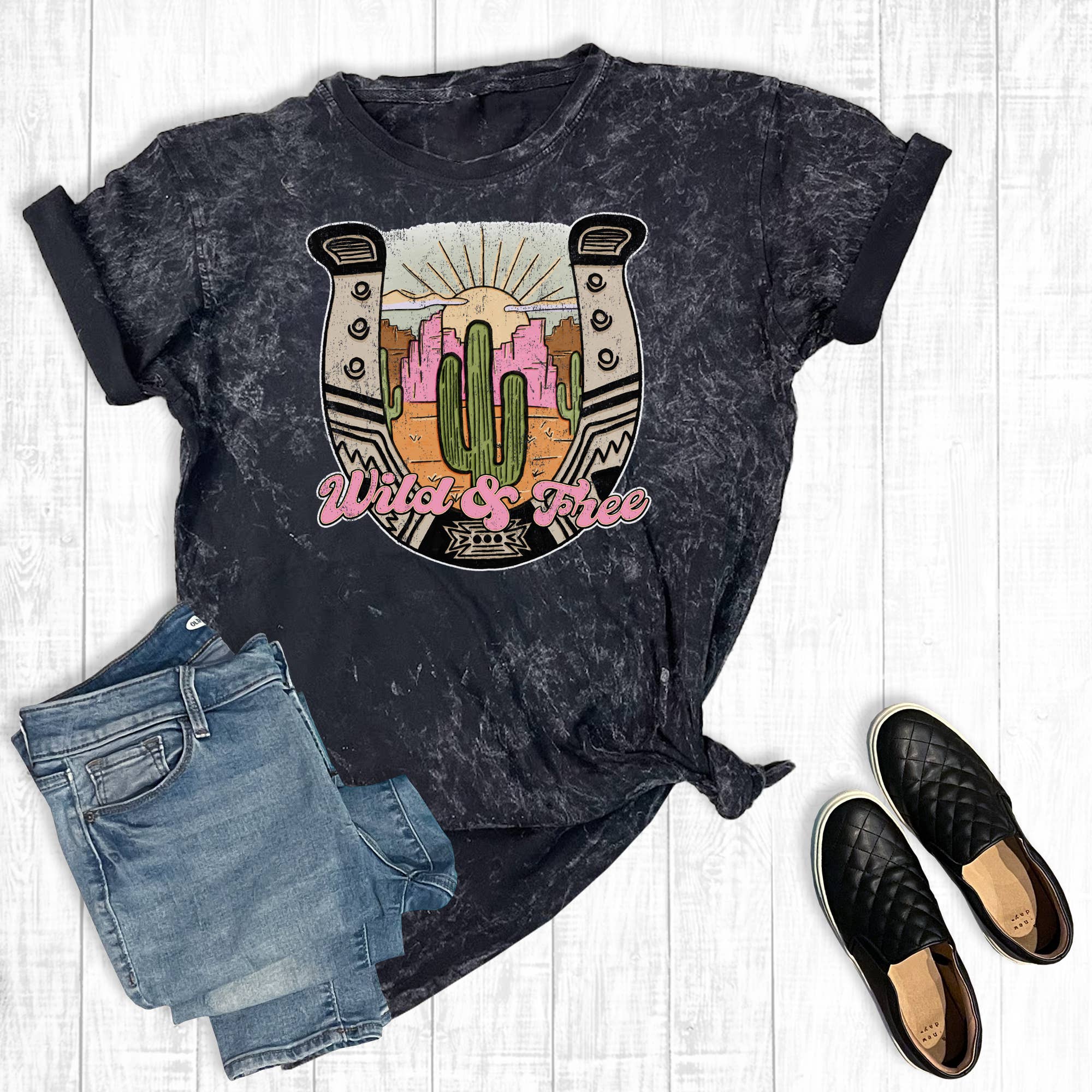 Western Cactus Wild and Free Mineral Wash Graphic Tee
