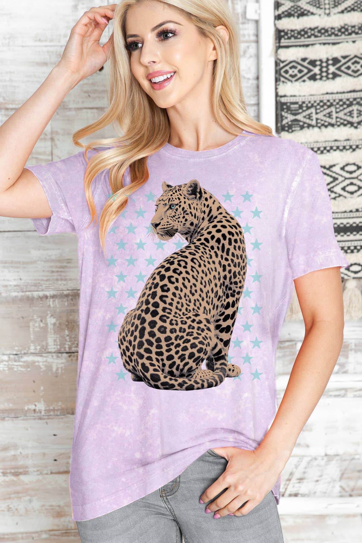 Women Cheetah Graphic Print Mineral Wash Top