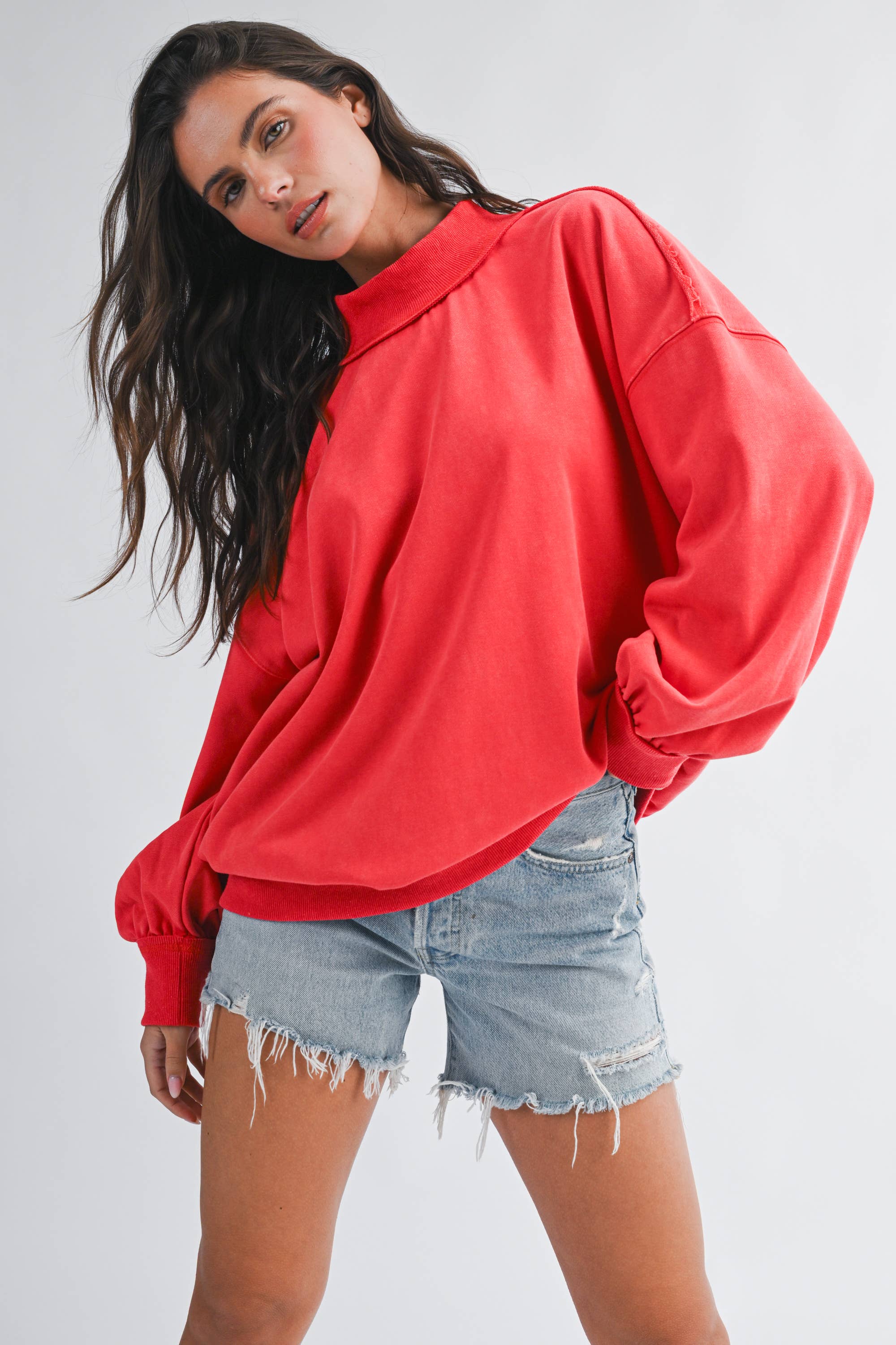 9164HK Oversized Mock Neck Washed Sweatshirt