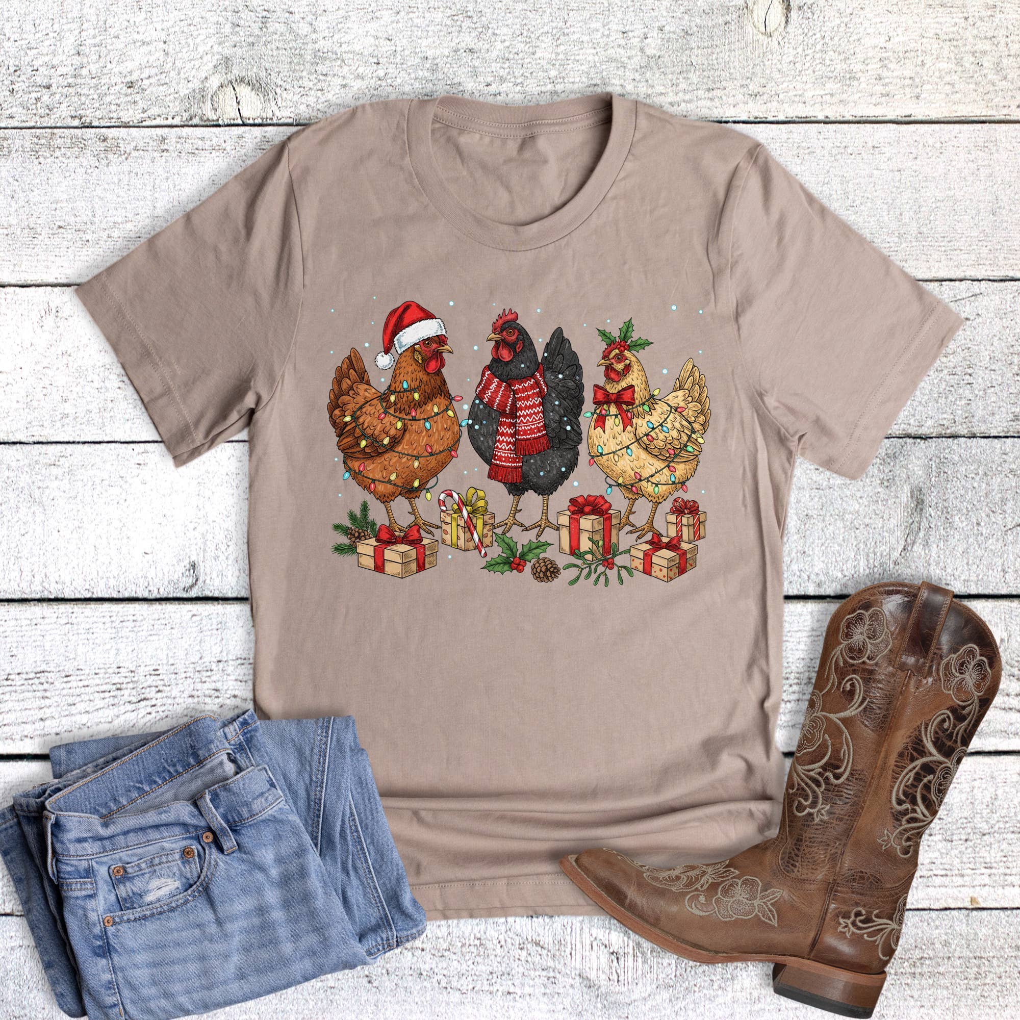 Christmas Chickens with Presents Graphic Tee