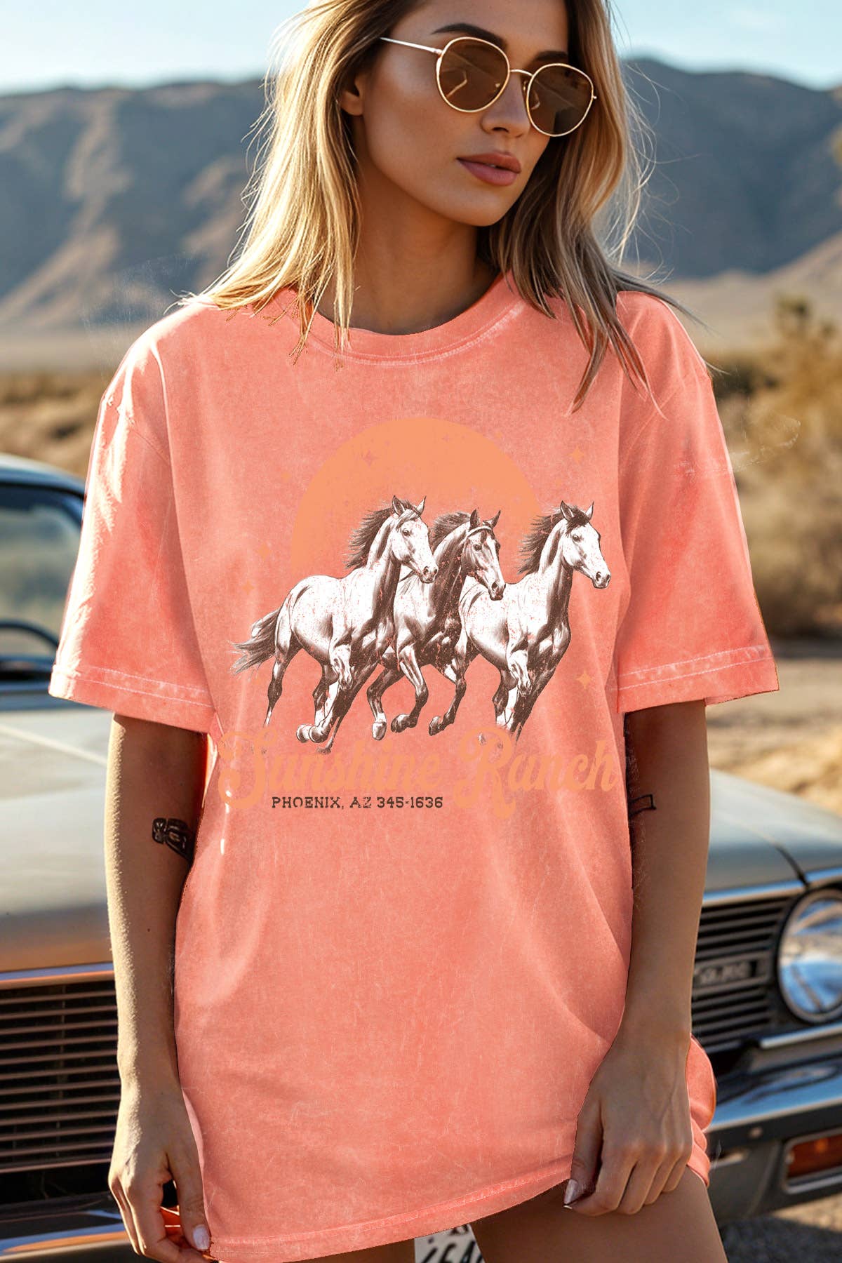 Women Horse Graphic Print Mineral Wash Loose Top