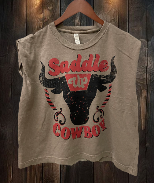 Saddle Up Cowboy Boxy Midriff Muscle Top