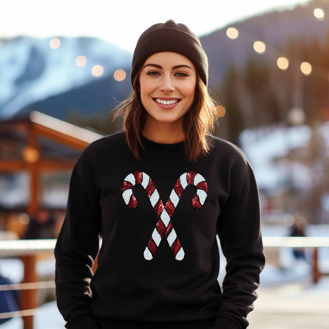 Sequin Candy Cane Patch Black Crewneck Sweatshirt