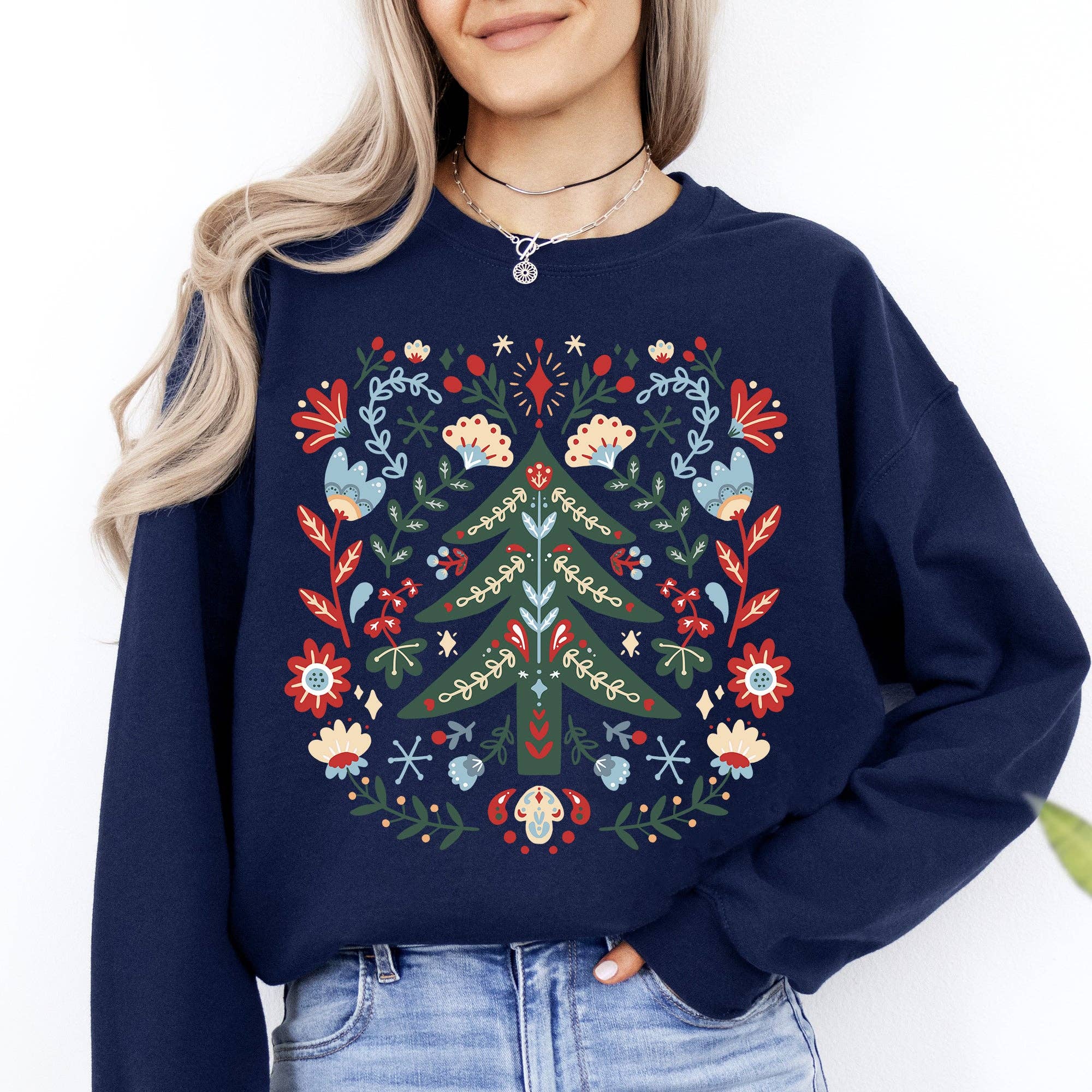Christmas Tree Folk Art, Scandinavian Floral Sweatshirt