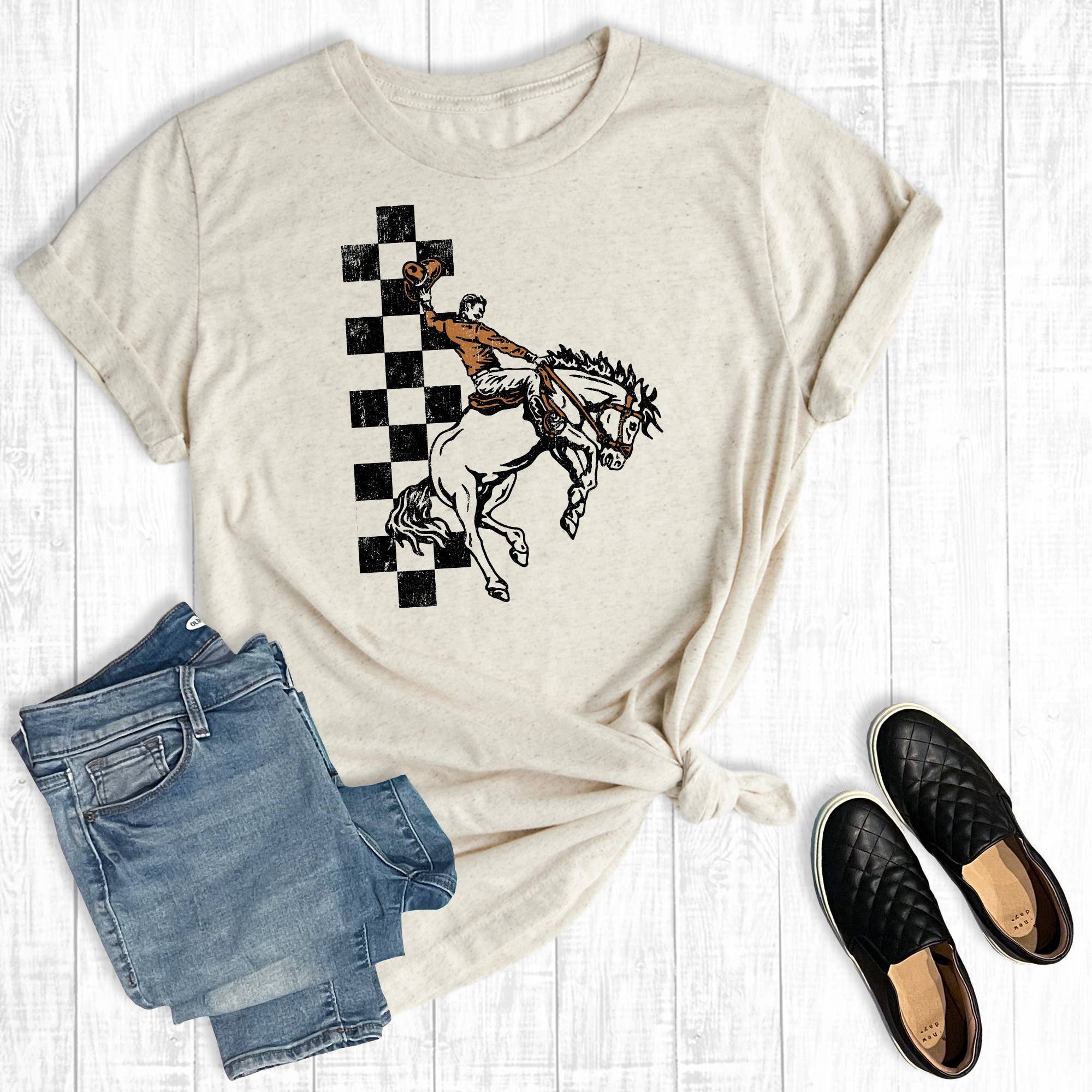 Checkered Western Bucking Horse Graphic Tee