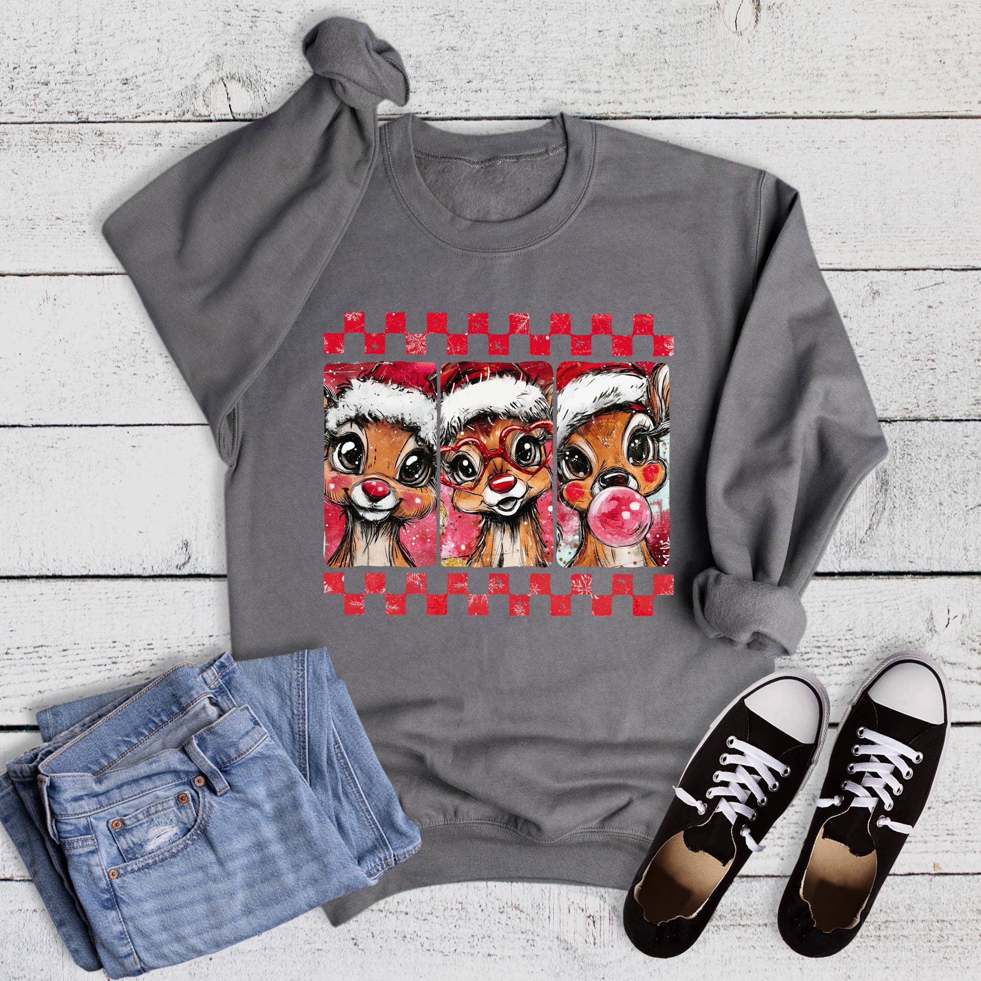 Christmas Check Reindeer Trio Sweatshirt