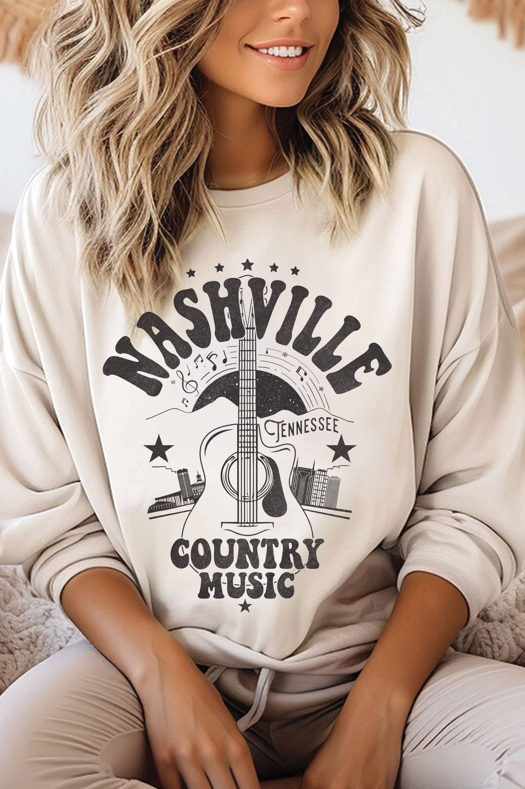 Nashville County Music Guitar Graphic Brushed Sweatshirts