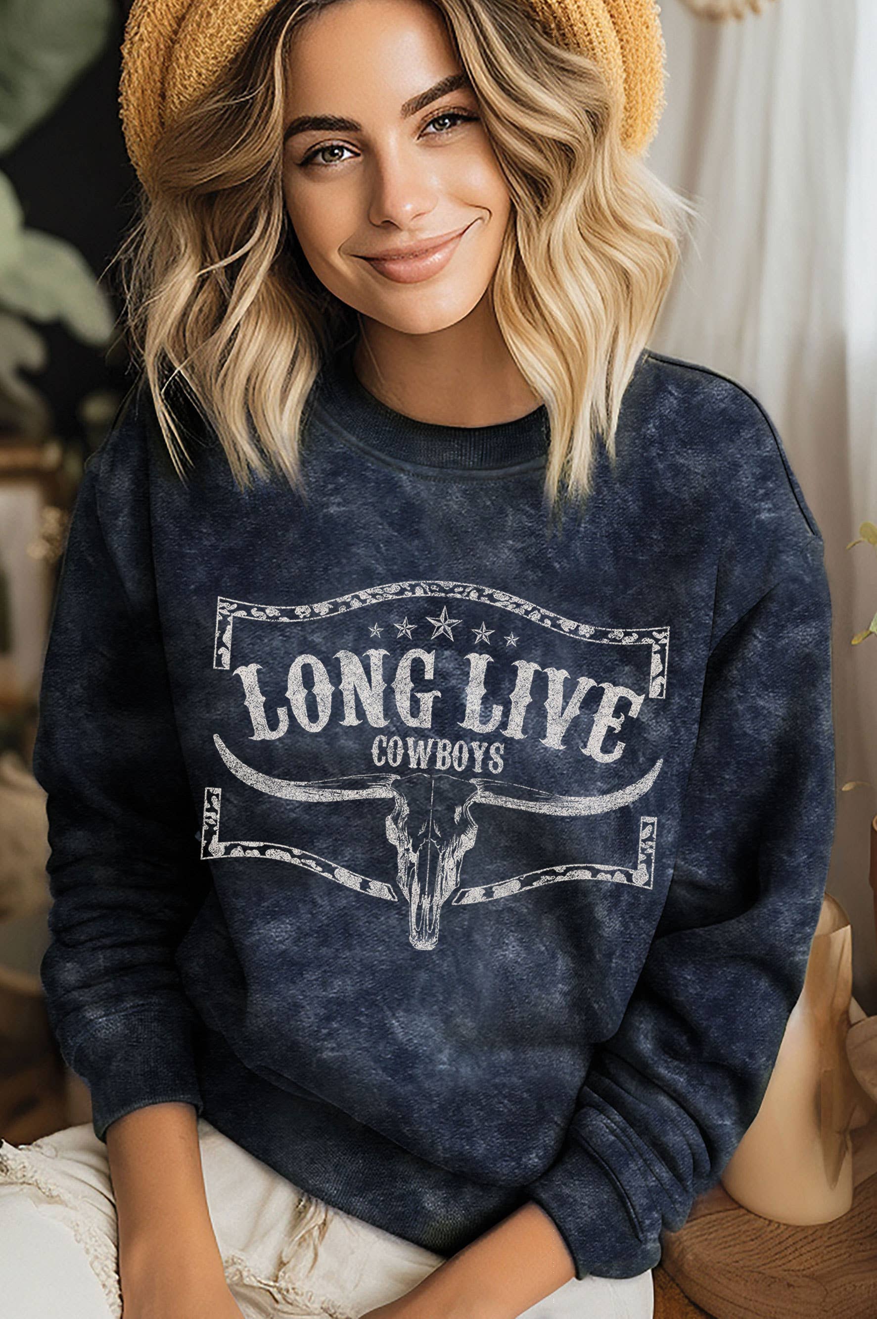 Long Live Cowboy Cowskull Mineral Graphic Brushed Sweatshirt