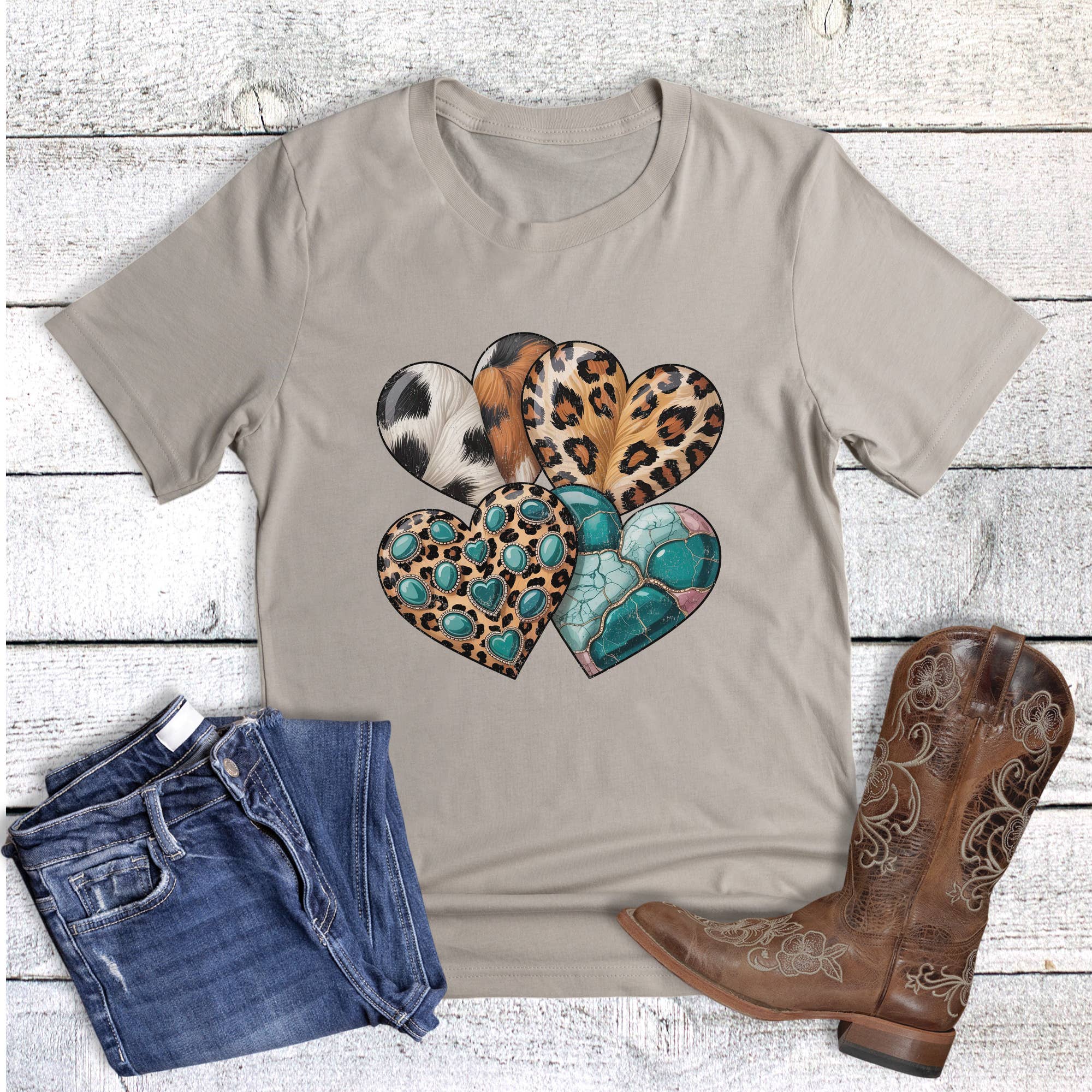 Valentine Western Animal Print Turquoise Hearts Graphic Tee