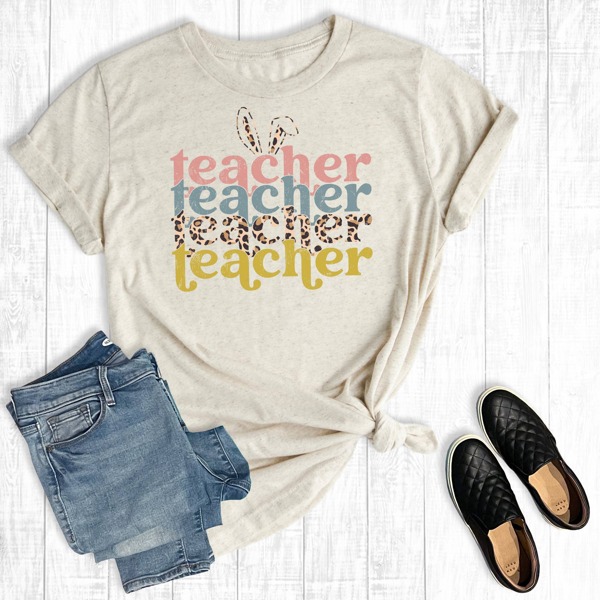 Teacher Stacked Easter Bunny Graphic Tee