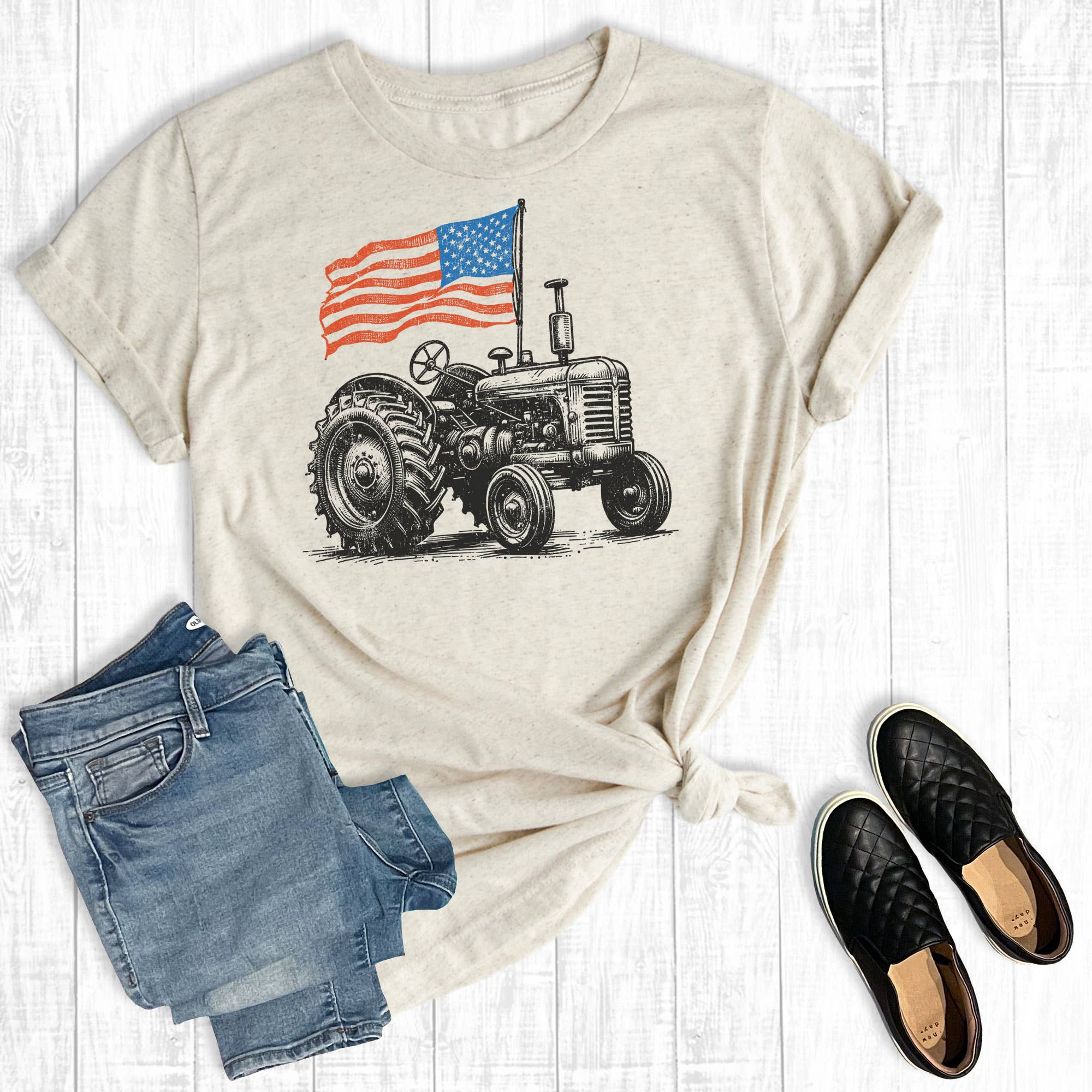 4th of July American Flag Tractor Graphic Tee