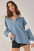 T2004F Color-Block Collared Loose Fit Top