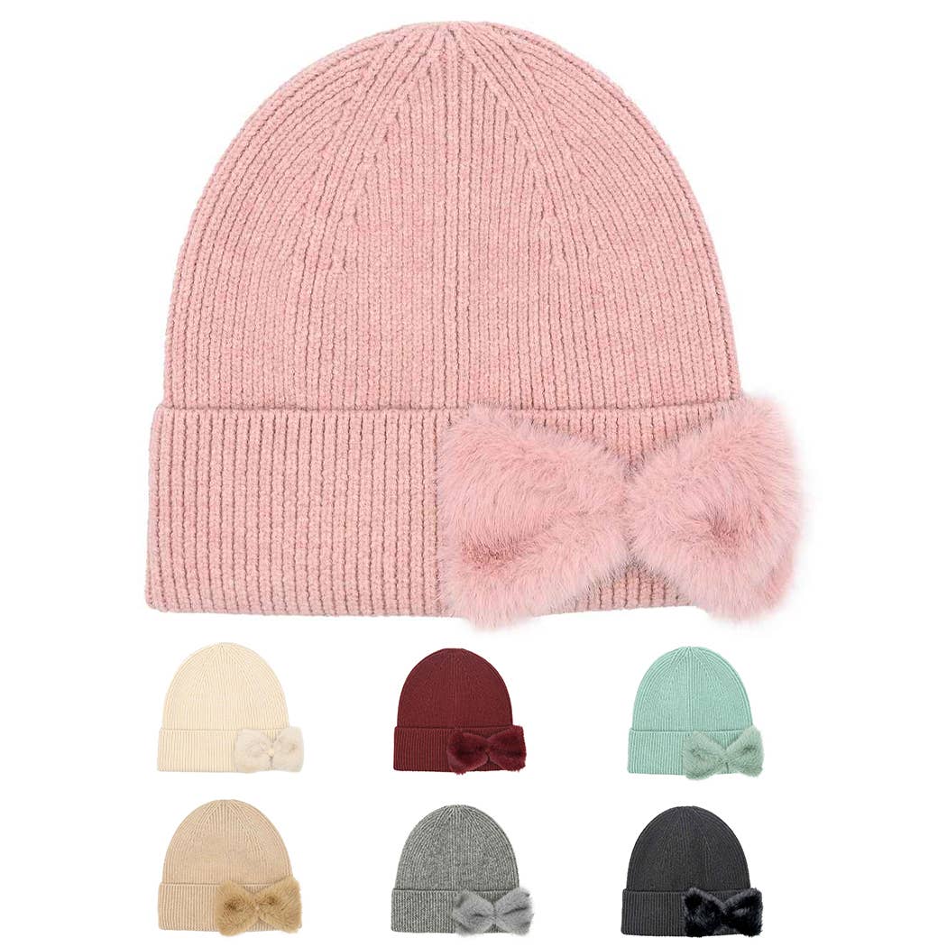 Solid Color Beanie with Faux Fur Bow