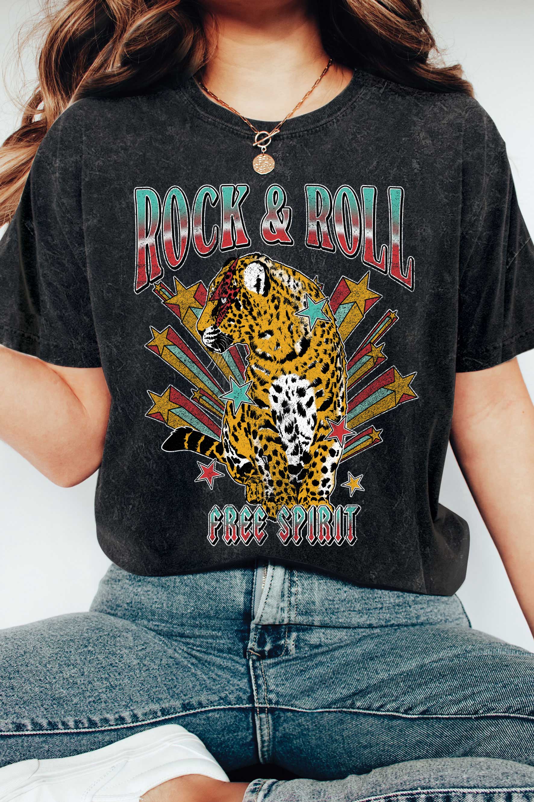 Rock and Roll Leopard Graphic Mineral Washed Tshirts