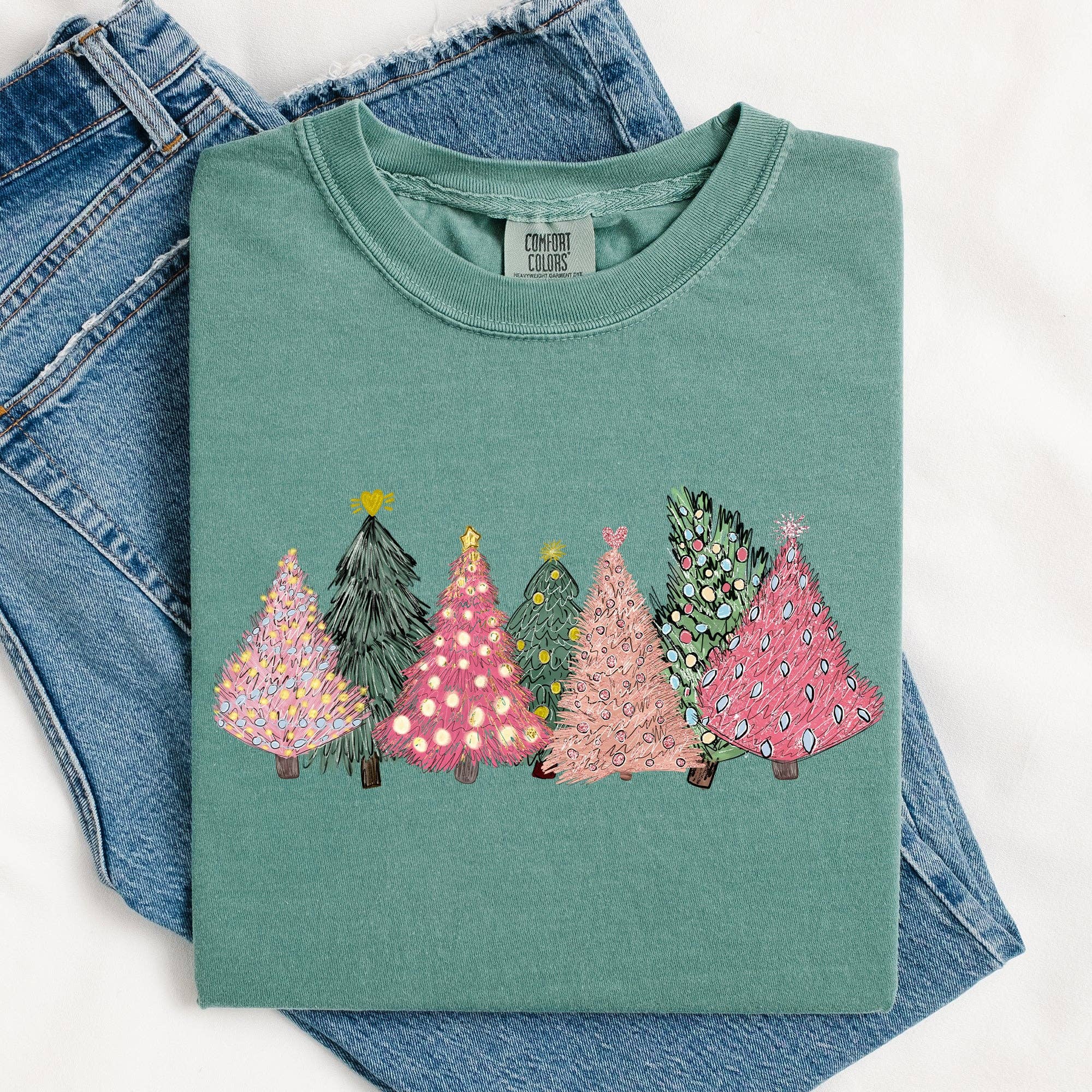 Sketched Christmas Trees Christmas Heart Vibrant Xmas Tshirt