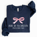 She Is Worthy, Christmas, Bow Pink, Soft Girl Era Sweatshirt