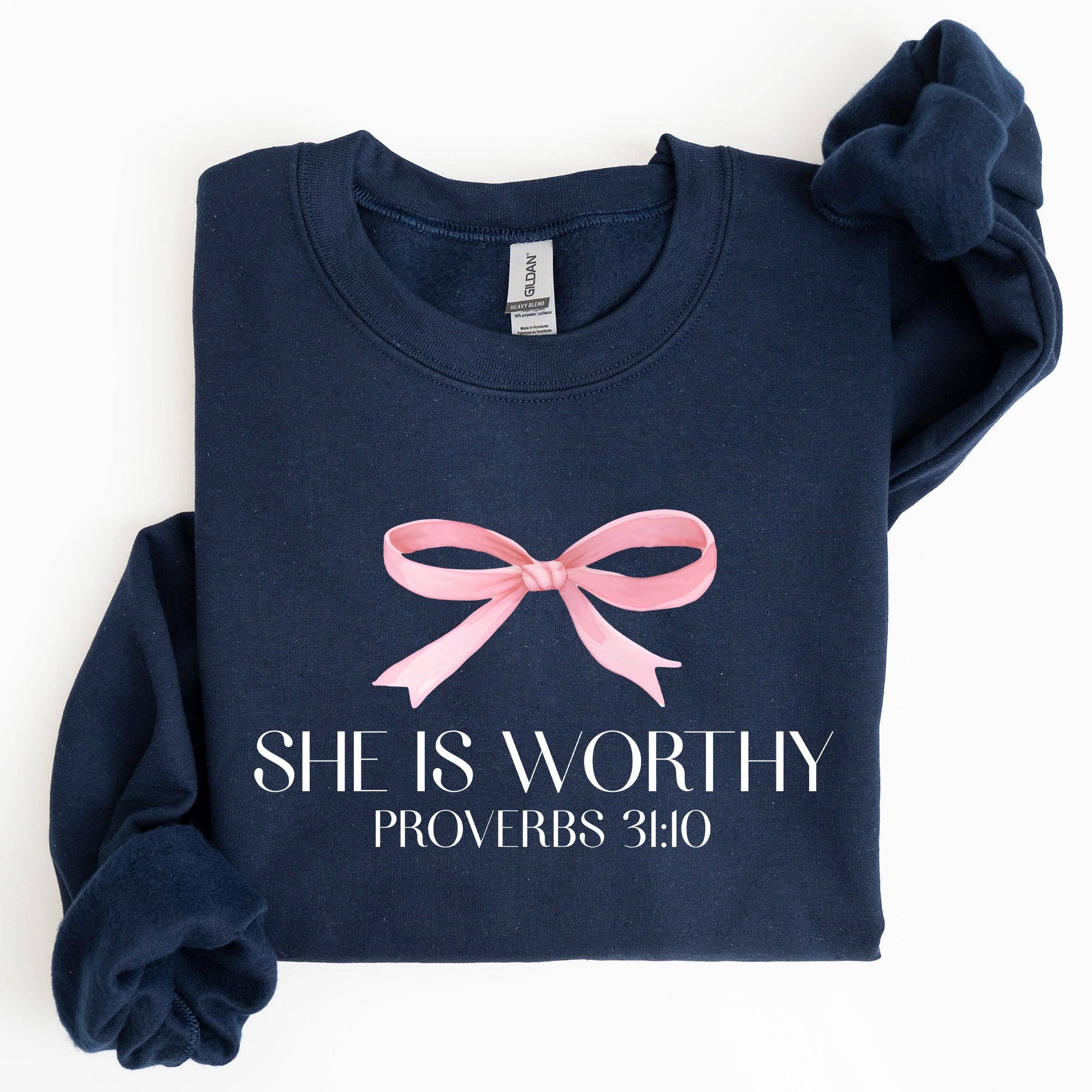 She Is Worthy, Christmas, Bow Pink, Soft Girl Era Sweatshirt