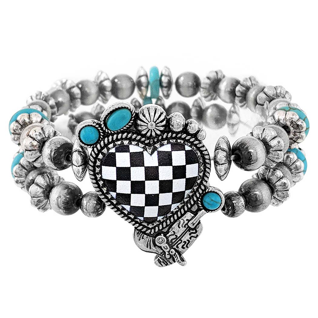 Heart Checked W/Semi Stone Layered Bracelet