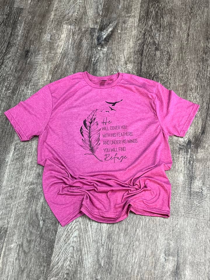 He Will Cover You with His Feathers On Heather Berry Tee