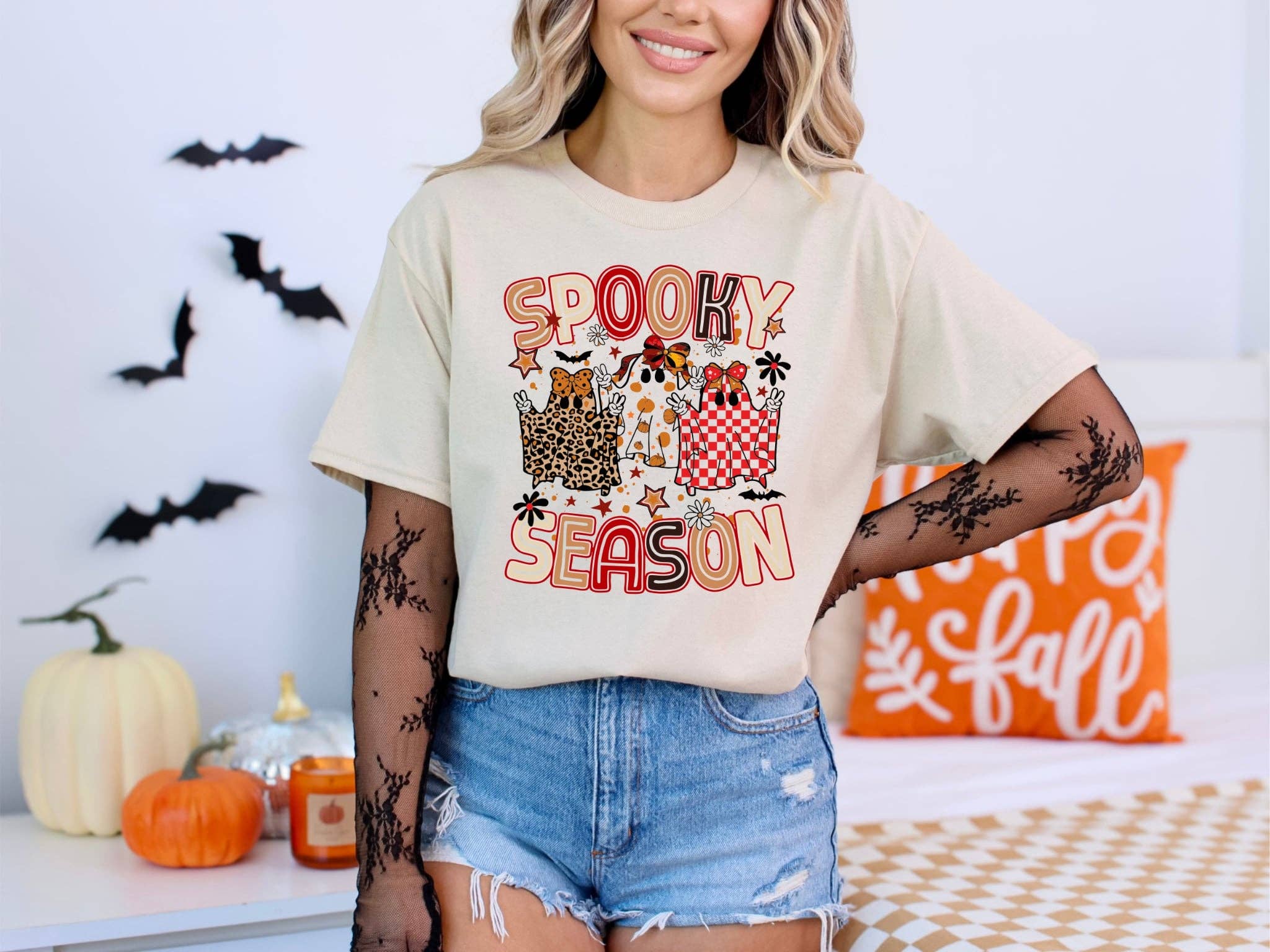 Spooky Season Leopard Checker Ghost Halloween Graphic Tee