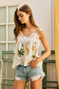 IT2907A | Tropical Print Lace Detailing Camisole Top