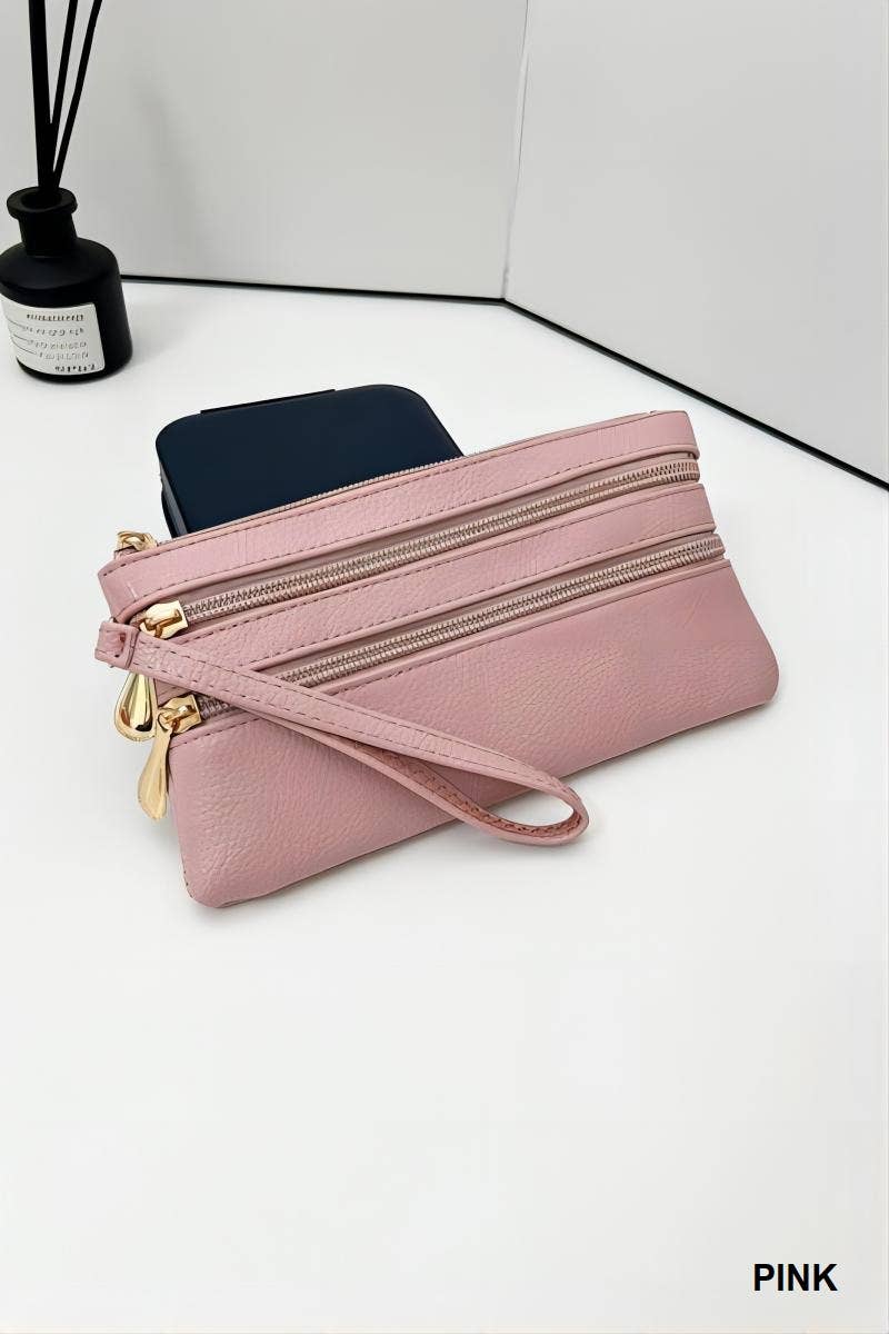 ,,...SI-26468 Vegan Leather Triple Zipper Wrist Wallet Clutch