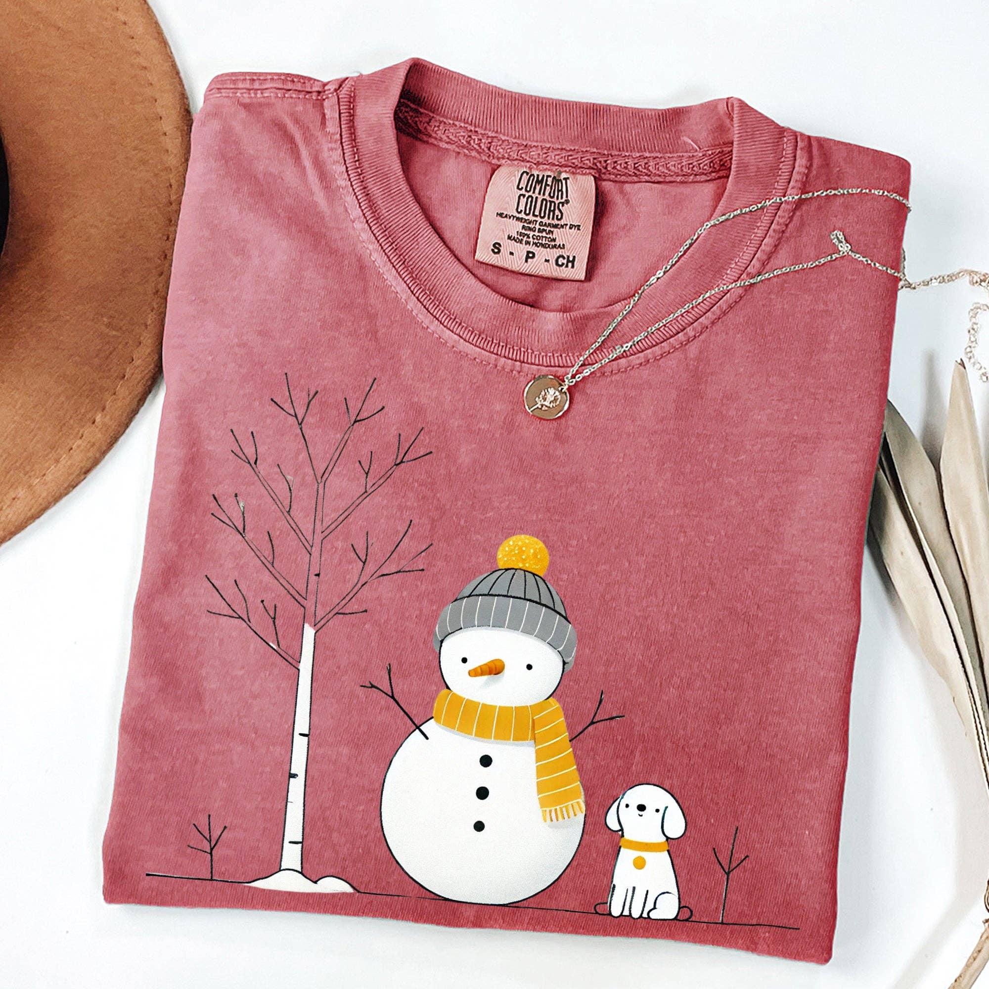 Snowman and Dog, Cute, Winter, Tree, Christmas, Snow Tshirt