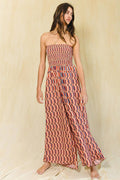 R5177C Wide Legs Smocked Floral Print Jumpsuit