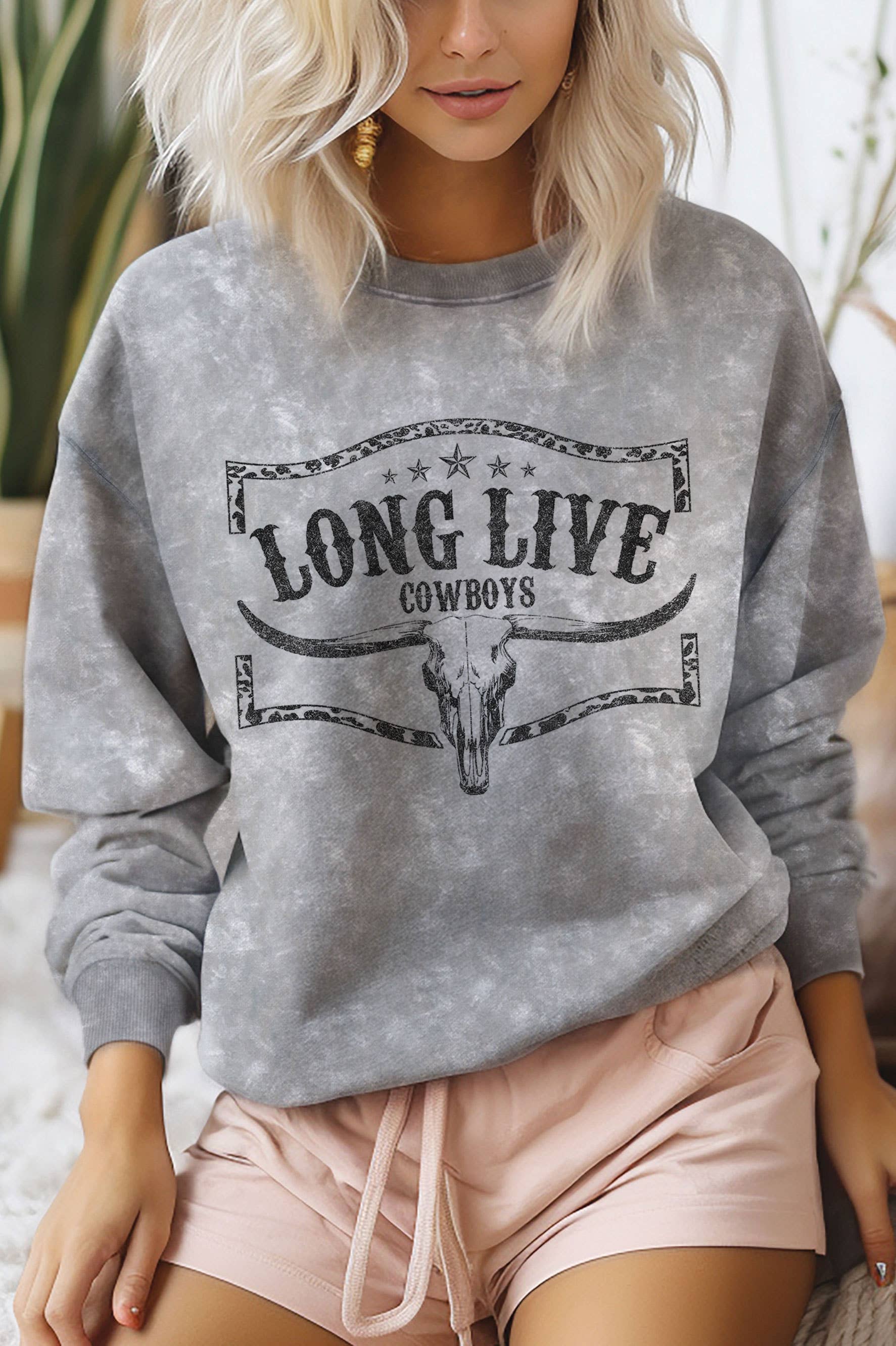 Long Live Cowboy Cow Skull Mineral Graphic Brush Sweatshirt