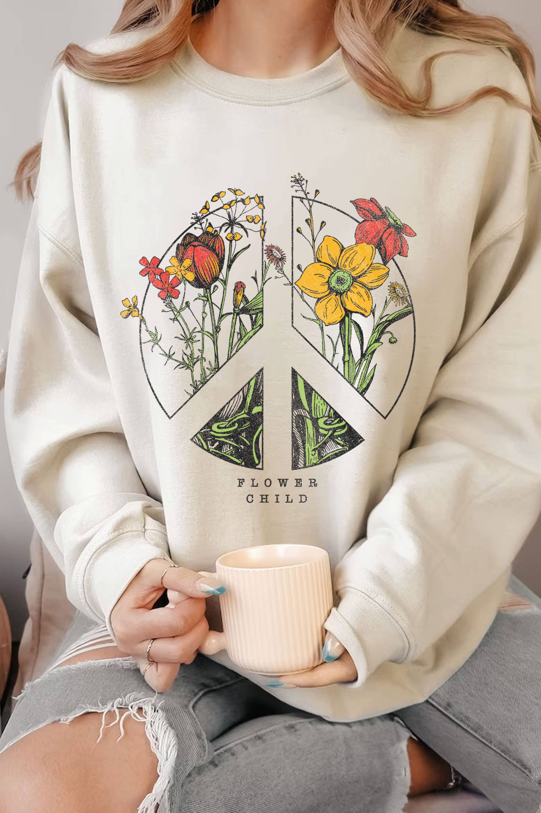 Peace Flower Child Graphic Brushed Sweatshirts