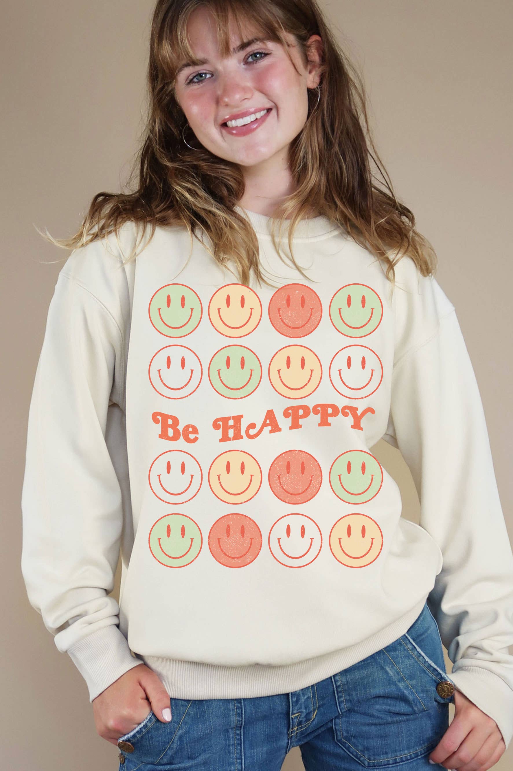 Be Happy Smile Graphic Brushed Sweatshirts