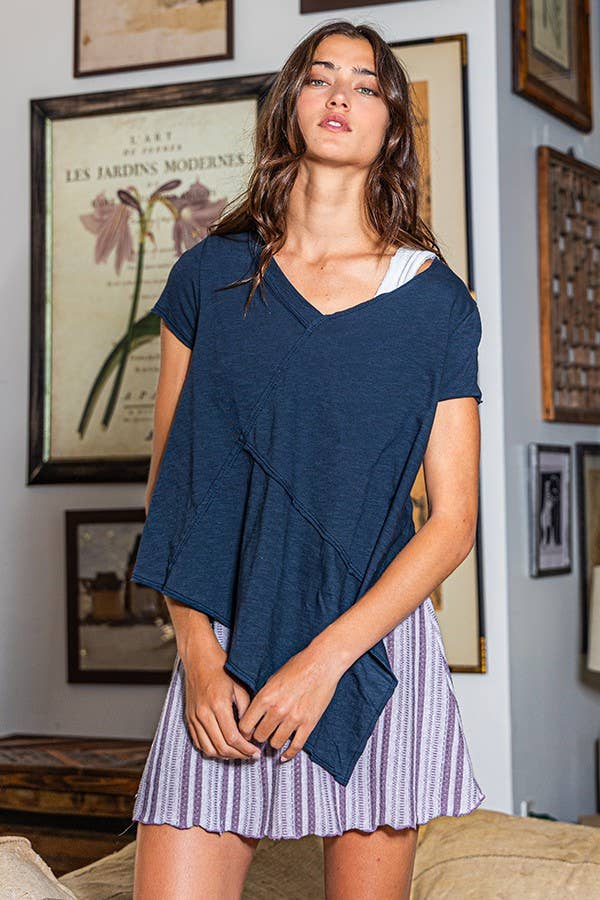 T1901 -Asymmetrical Hem Solid Top with Raw Edges