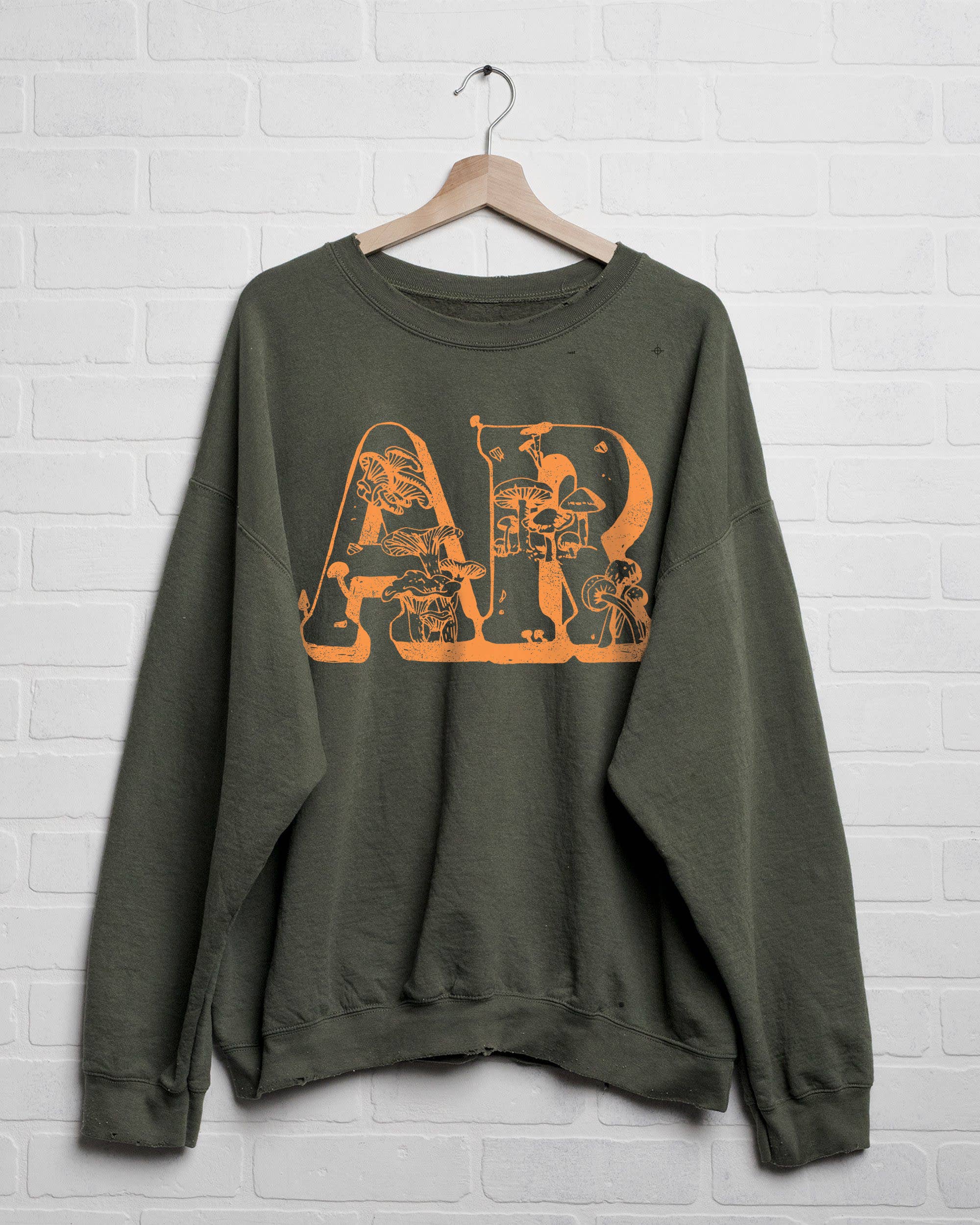 Arkansas Mushroom Military Green Thrifted Graphic Sweatshirt