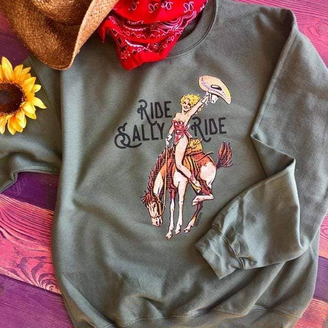 Ride Sally Ride Sweatshirt- Military Green Crew Neck