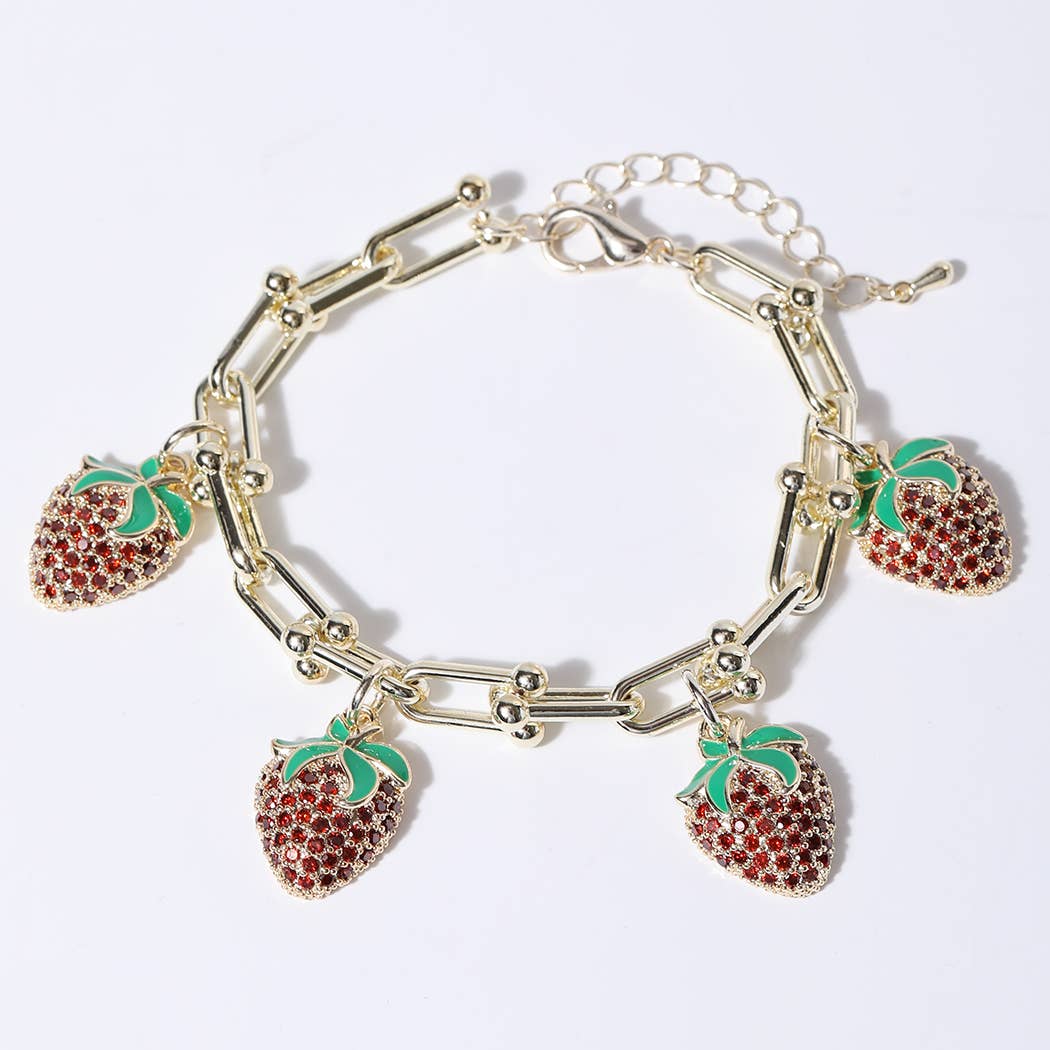 Gold Cz Bracelet with 4 Strawberry Charms