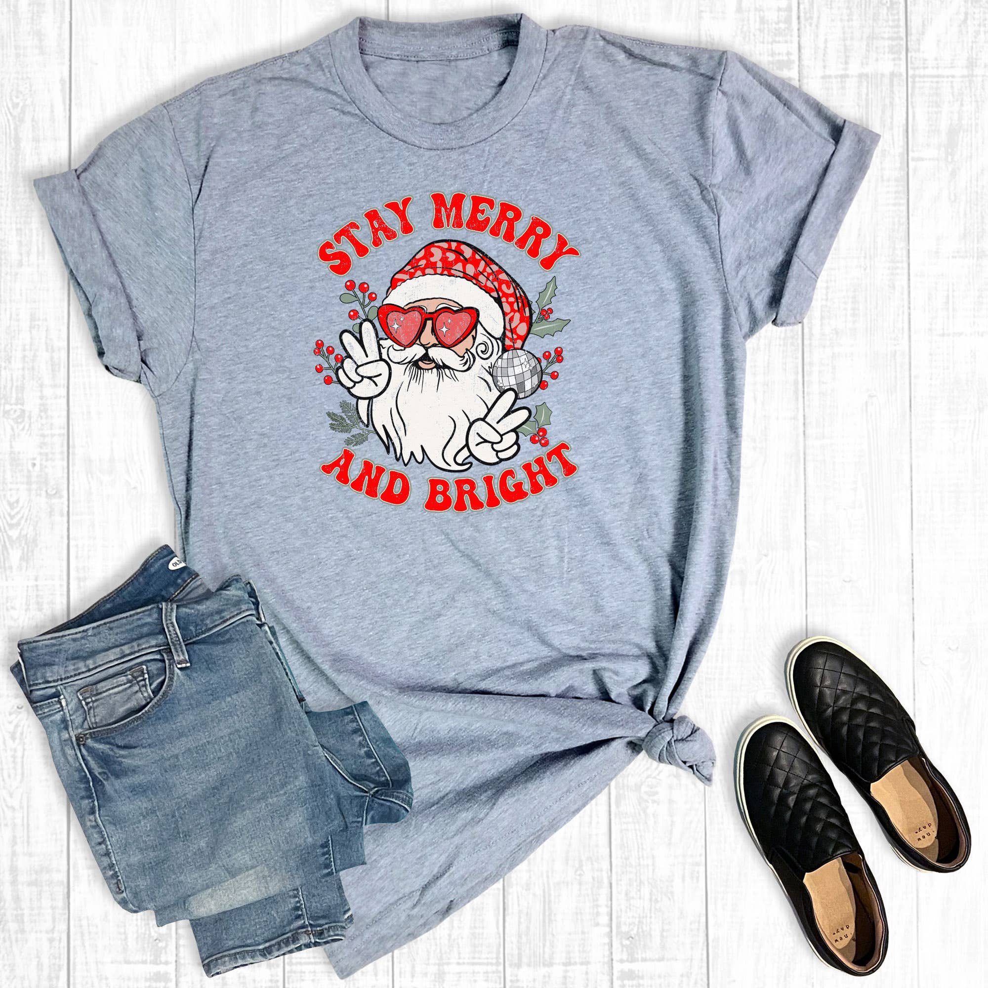 Retro Christmas Santa Stay Merry and Bright Graphic Tee