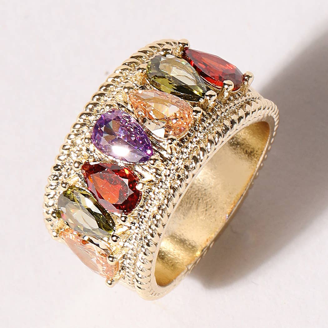 Multicolor Tear Drop Cz Stone Gold Ring