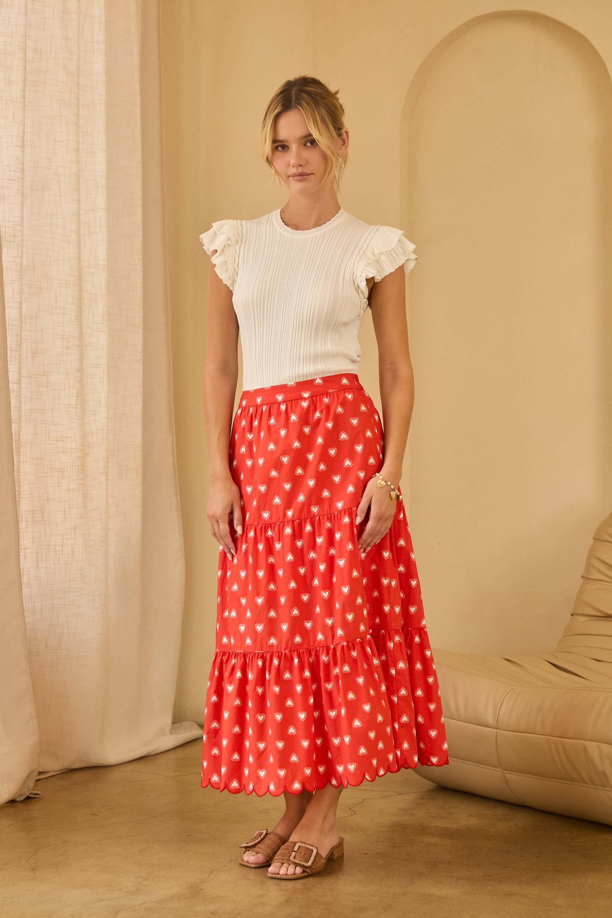 Heart Printed Poplin Tiered Midi Skirt