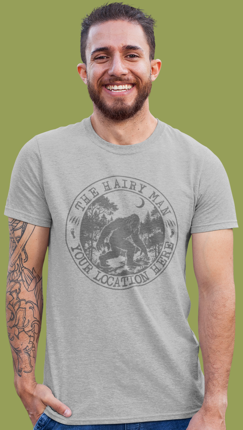 Bigfoot Hairy Man Gray T-Shirt - Customize Add Your Location