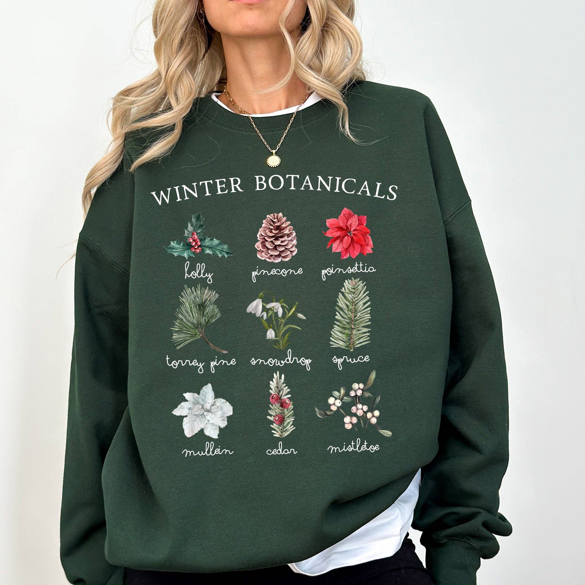 Winter Botanicals, Holly, Poinsettia, Pine Tree Sweatshirt
