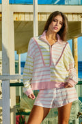 T2406C | Oversized Funnel-Neck Half Zip Contrast Strip Top