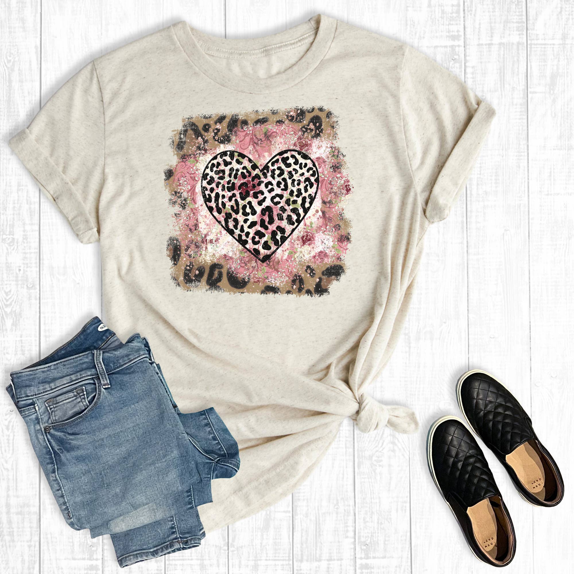Valentine's Day Leopard Floral Heart Graphic Tee