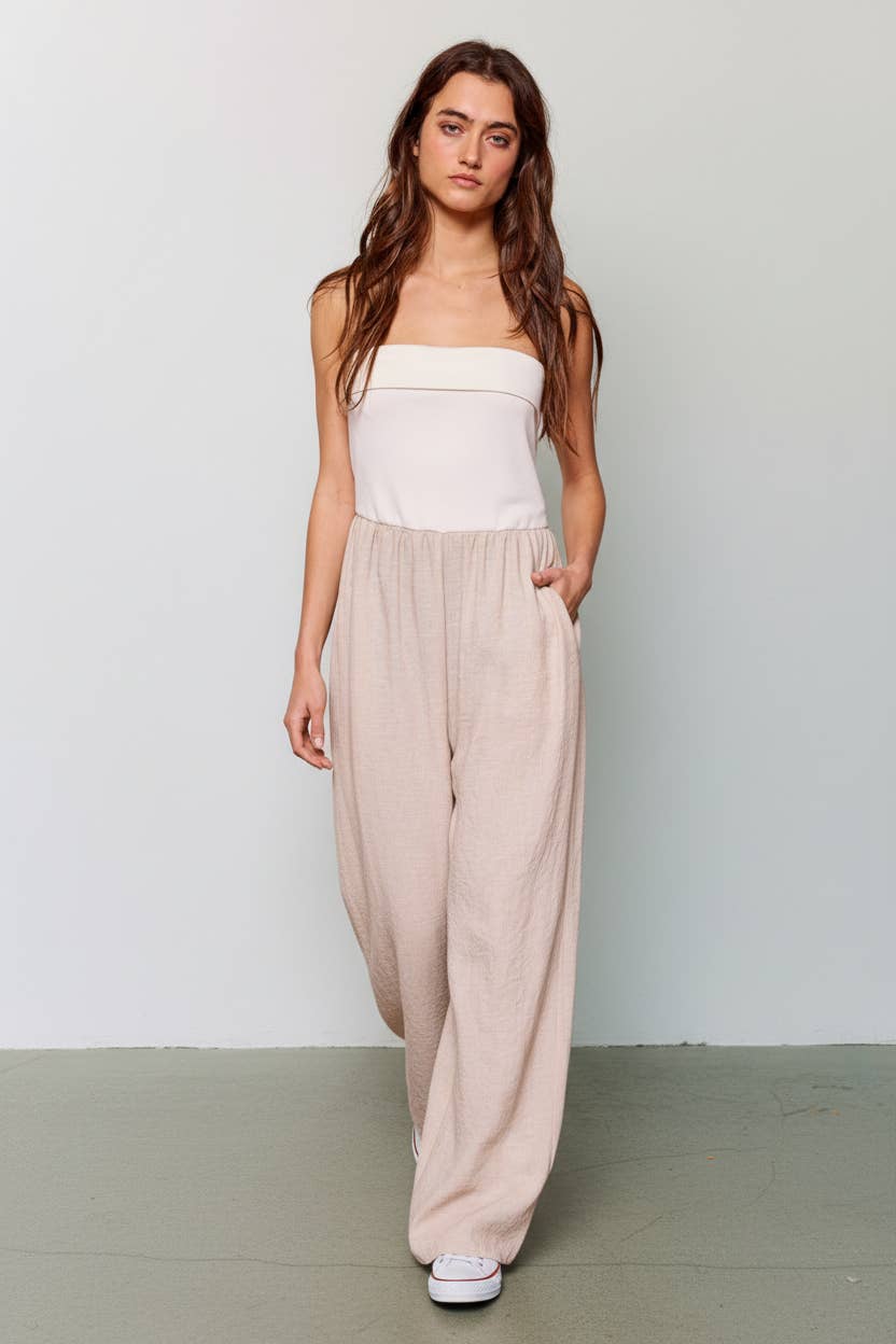 R5654 Wide Leg Scuba Tube Top Color-Block Jumpsuit