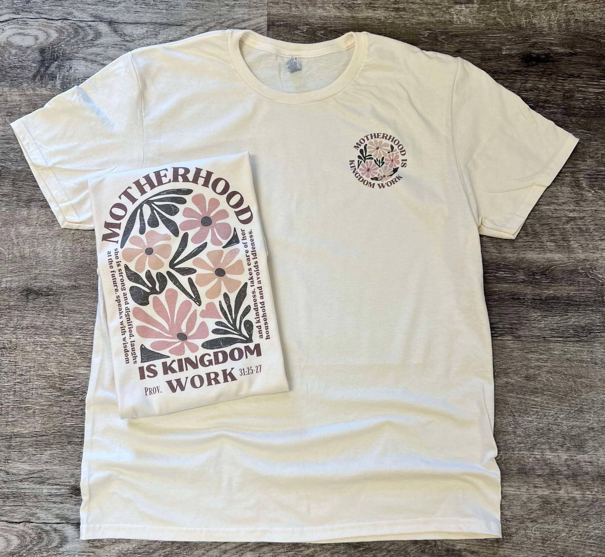 Motherhood Is Kingdom Work Pocket Print On Cream Tee