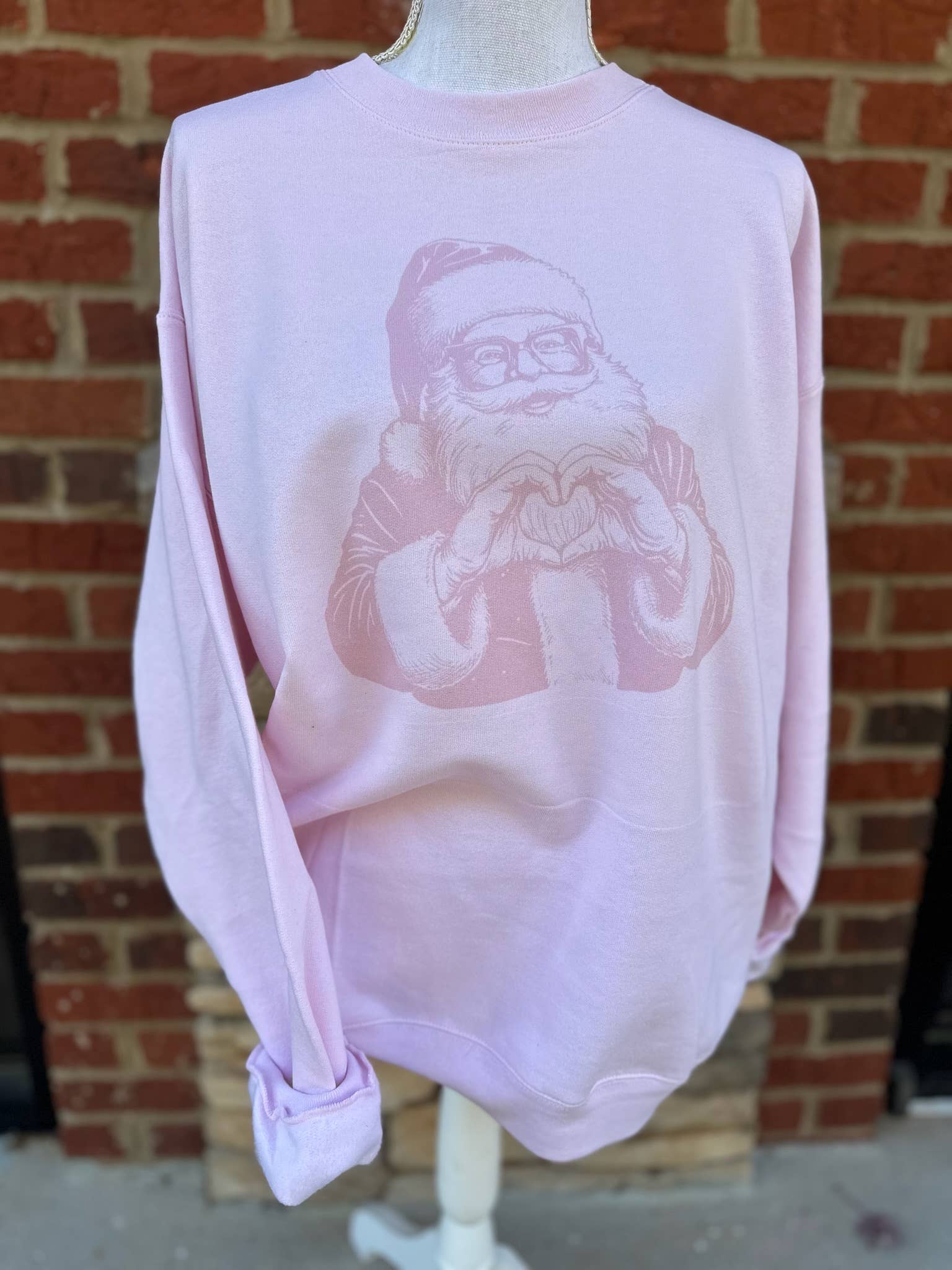 Santa with Heart Hands Sweatshirt On Pink
