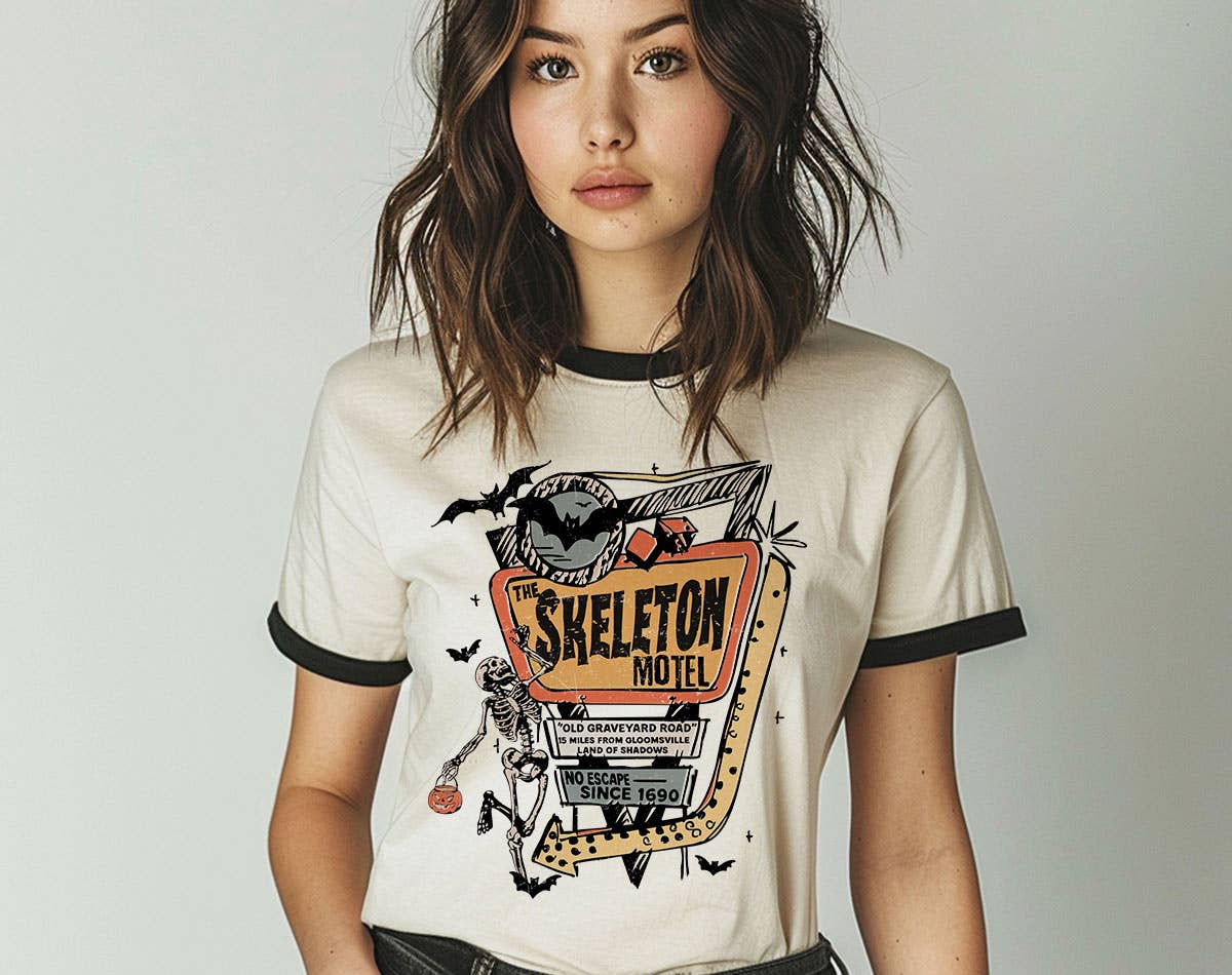 The Skeleton Motel - Halloween Bat Retro Ringer Shirt