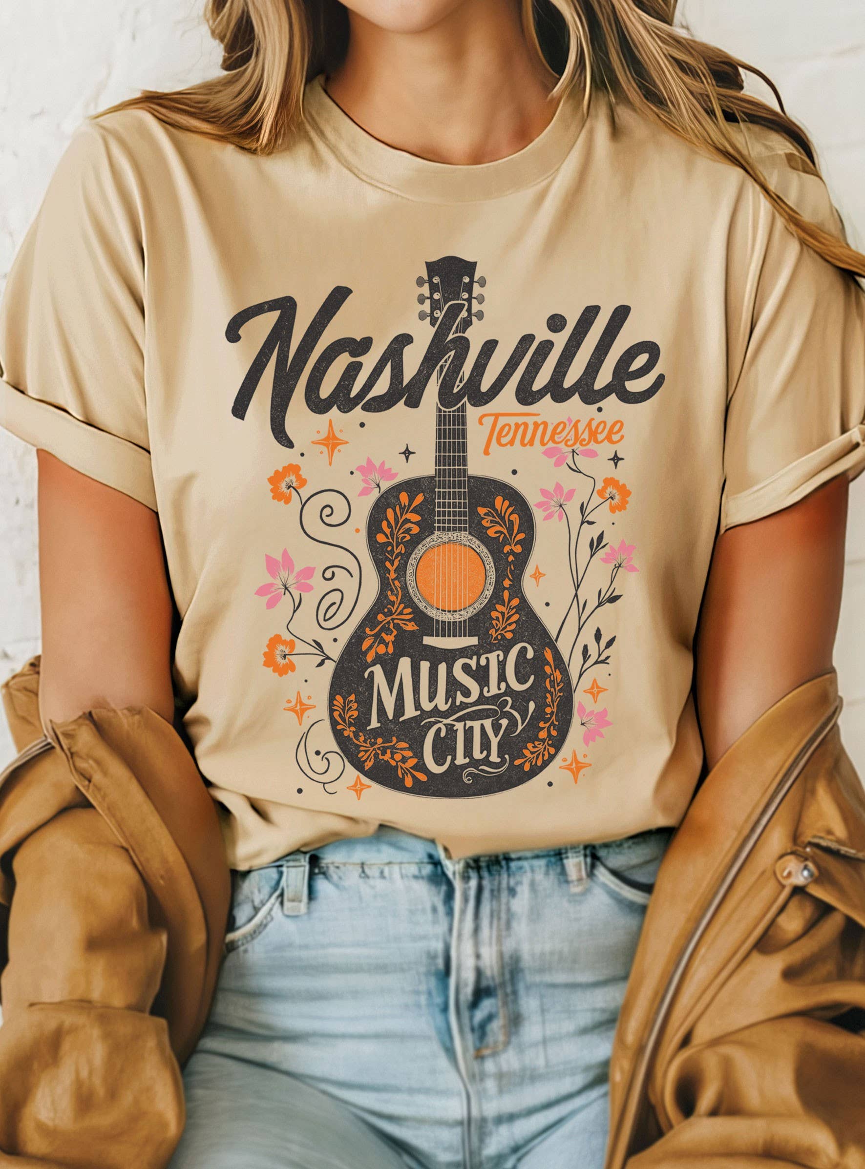 Nashville Music City Floral Guitar Graphic Tshirts