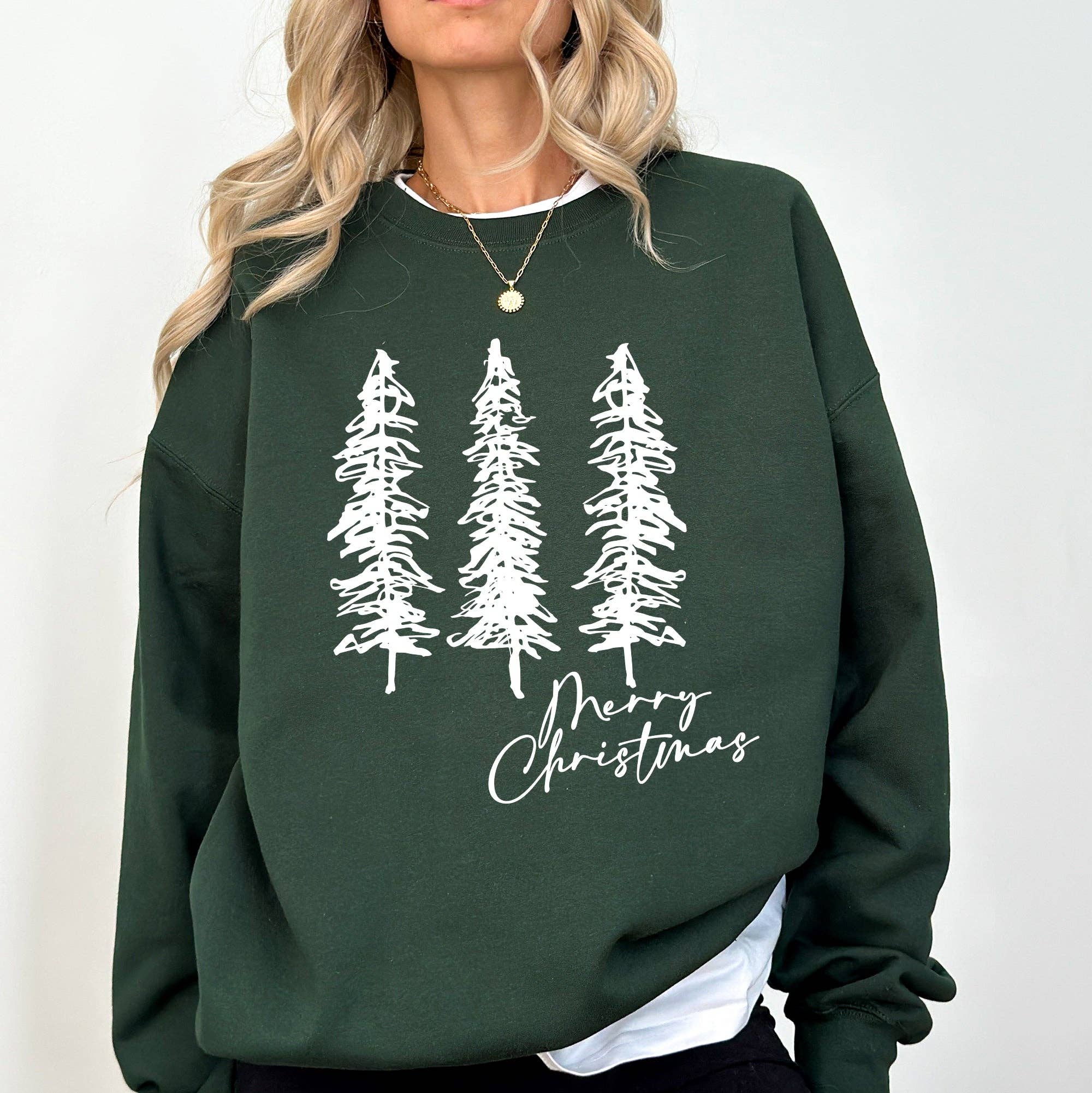 Merry Christmas, Sketched Pine Trees, Minimalist Sweatshirt