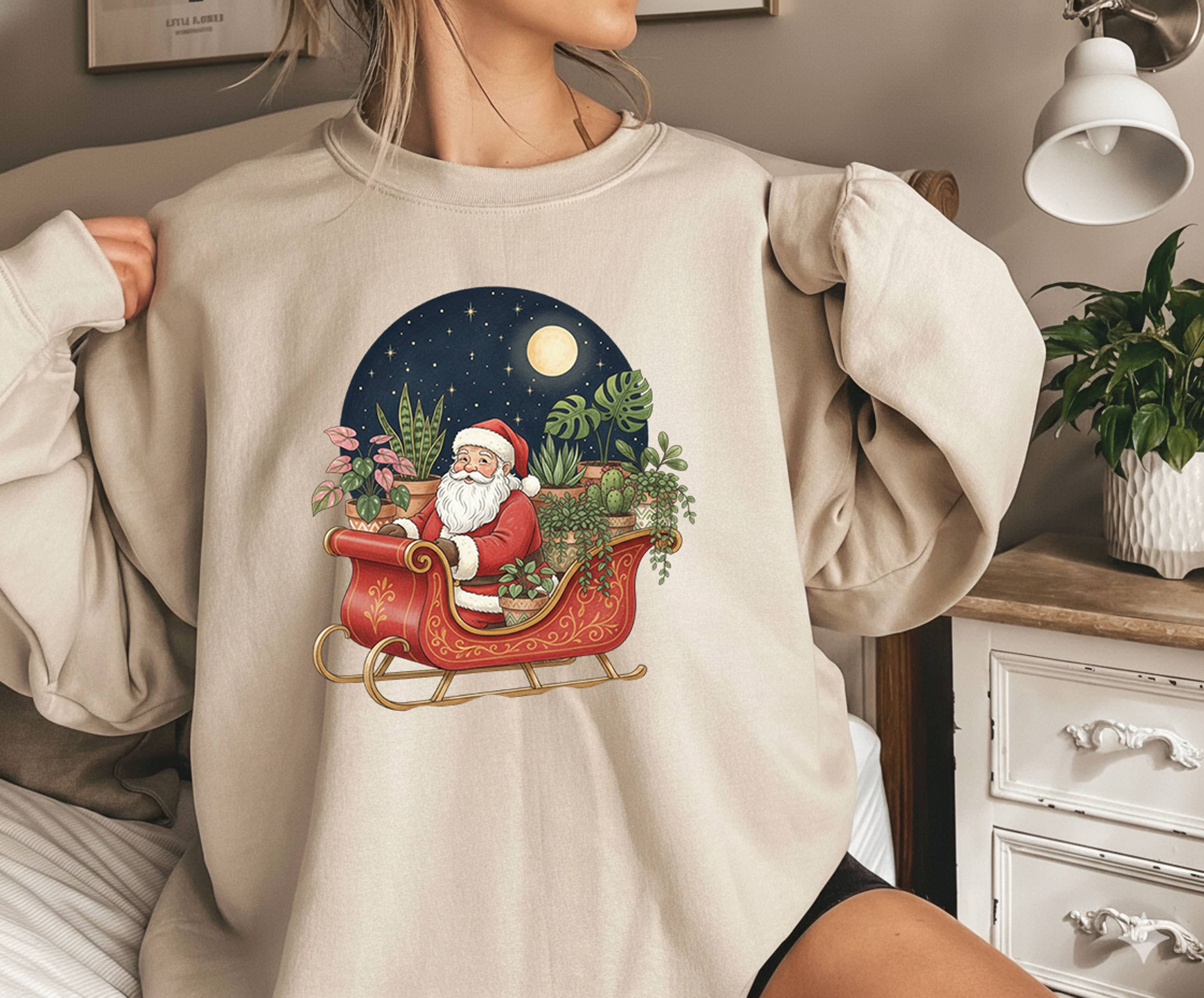 Plant Lover Christmas Sweatshirt, Santa in Sleigh with Plant